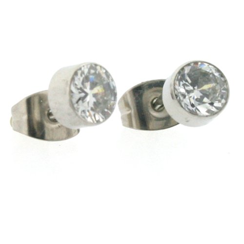 CZ Clear Diamond Stud Round Post Earrings Inlaid Stainless Steel 5.5 mm Hypoallergenic Polish Finish by Bucasi