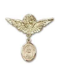 Gold Filled Baby Badge with St. Anastasia Charm and Angel with Wings Badge Pin