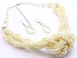 multi strand pearl necklace-Cream white knotted pearl multi strand pearl beads necklace and earring sets