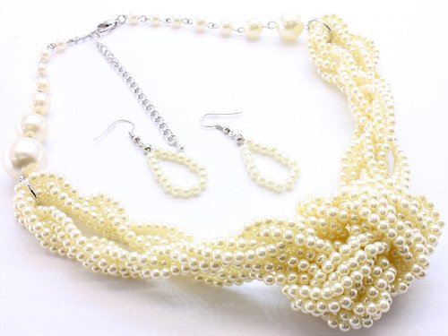 multi strand pearl necklace-Cream white knotted pearl multi strand pearl beads necklace and earring sets Images