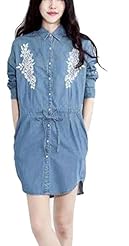 Denim General Print Embroidered Elasticized   Waistline Summer Long Sleeves  Dress