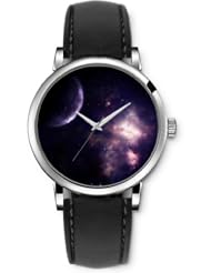 SPRAWL Aanalog Fashion Series Silver Ladies Watches of Genuine Black Leather Strap,Unique Wrist Watch for Women Girls Designed with planets