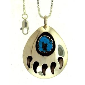 By Artist Tiffany Long: Large Navajo Sterling-silver & Tourquoise Bear Paw w/Sterling-silver Box chain Pendant-necklace