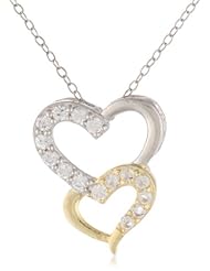 Goldtone Finish and Sterling Silver White Topaz Interlocking Double Heart Linear Pendant Necklace, 18"