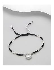 Heart Cotton Waxed Thread Bracelet In Sterling Silver