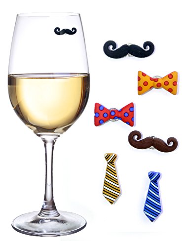 Mustaches & Ties Magnetic Wine Charms & Markers for Making Glasses Unique - Set of 6 Identifiers