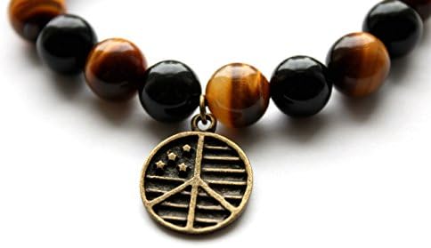 WorldCharlotte Premium Tiger's Eye, Obsidian and Black Agate Beaded Pendent Gemstone Stretch Bracelet, Tree of Life, Love and Peace (Love and Peace)