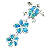 Rhodium Silver Opal Turtle & Plumeria Dangle Pendant Hawaiian Jewelry