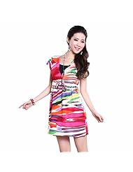V-neck Short Sleeves Belted Striped Print Summer Tunic/Mini Dress 