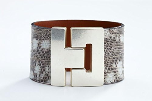 Odet Wide Handmade Luxury Lizard Leather Bracelet Black and White in Silver/Gold Clasp Finish for Women