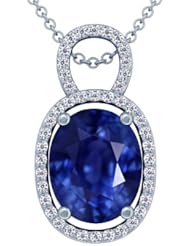 18K White Gold Oval Cut Blue Sapphire And Round Diamond Pendant
