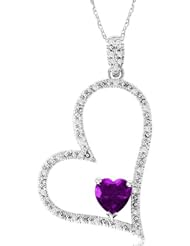 10k White Gold Heart-Shaped Amethyst with Diamonds Heart Pendant Necklace, 18"