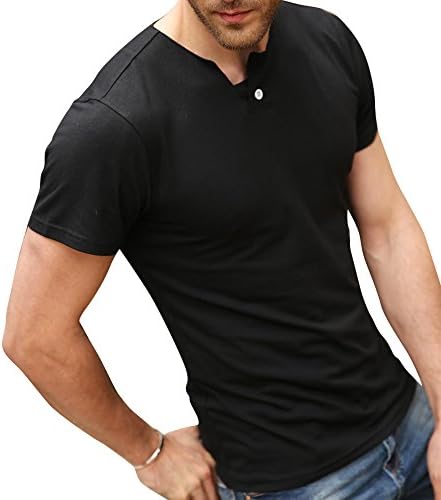TLXC Summer Men British Style Casual Solid Short Sleeve Button V Neck T-Shirts (Asian XL=US M, Black)
