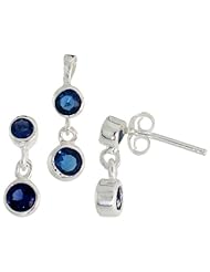 Sterling Silver Dangle Earrings (13mm tall) & Pendant (17mm tall) Set, w/ Bezel Set Brilliant Cut Blue Sapphire-colored CZ Stones