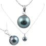 AugustinaJewelry Freshwater Cultured Round Shape 9-9.5mm Black Pearl / 18K White Gold Pendant, 16" 14K white gold chain