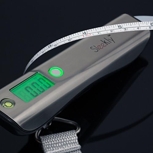 Luggage Scale by Sleekly | Digital Readout with 110lbs Pounds Capacity (50 Kg) | Tape Measure Built-in | Auto 110 Lb (50 Kg) Overweight Red Indicator Light | Portable Electronic Baggage Scale Perfect for Air Travel Flight Kit | Bonus Air Travel Guide