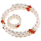 Freshwaster Pearl Bracelet - Carnelian Gemstones - Flexible, 4-7mm Pearl - Comes with a matching Pearl adjustable Ring