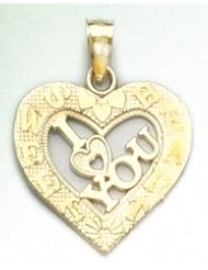 14k Gold Love Necklace Charm Pendant, I ""heart"" You With Engraved Sweetheart F