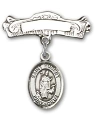 Sterling Silver Baby Badge with St. Hubert of Liege Charm and Arched Polished Badge Pin