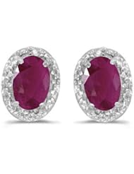 14k White Gold Oval Ruby And Diamond Earrings