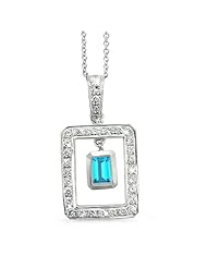 Twin Rectangular Shaped Diamond Pendant In 18K White Gold With A 0.60 ct. Genuine Blue Topaz Center Stone.
