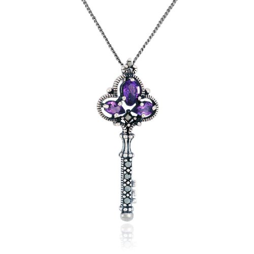 Sterling Silver Marcasite and Amethyst Key Pendant, 18″