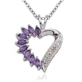SS Platinum Plated Genuine Amethyst & Diamond Accent Open Heart Pendant on 18" Chain