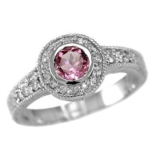 VVS Vivid Pink Tourmaline & Diamonds Engagement Ring 14k White Gold Antique Style