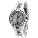 Oniss #ON8890-L Women's Stainless Steel Trim Baguette Crystal White Ceramic Watch