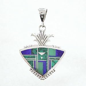Southwestern Native American Turquoise and Lapis Sunburst Arrowhead Pendant by Ray Tracey in Sterling Silver, #8575