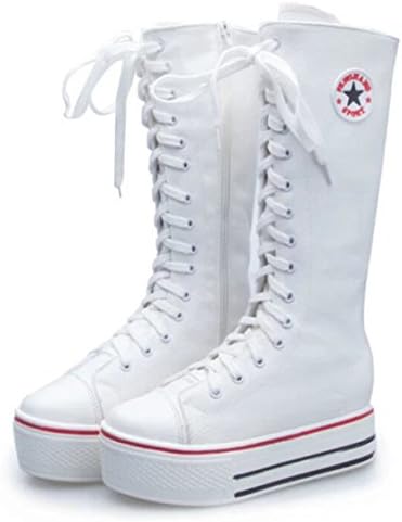 Amanda Gril Women's White Platform Lace-up Canvas Flat Mid Calf Knee High Boots 7 M US