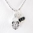 Small Three Dimensional Skull in Sterling Silver with Beads of Onyx on a 16" Rhodium and Sterling Silver Bead Chain, #8290