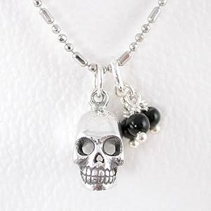 Small Three Dimensional Skull in Sterling Silver with Beads of Onyx on a 16" Rhodium and Sterling Silver Bead Chain, #8290