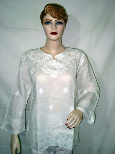 Womens Wear Cotton White Embroidered Kurti Kurta Tunic Top Medium Size