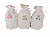 Baby Utility/Diaper Draw String Bag in Small French Waffle Weave Beige Gingham Teddy Bear Motif With Beige Trim