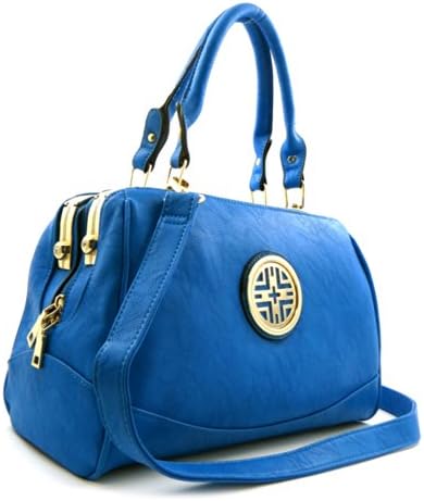 Designer Inspired Medallion Emblem Rhinestone Frame Faux-leather 2 Way Satchel Bag Purse - Blue