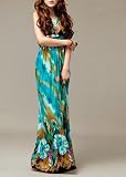 Floral Print Silky Long Maxi Dress - Green