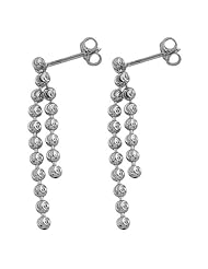 14k White Gold Diamond-Cut Double Strand Bead Ball Dangle Earrings