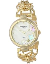 Akribos XXIV Womens AK645YG Lady Diamond Swiss Quartz Diamond Mother-of-Pearl Flower Gold-tone Circle Link Bracelet Watch