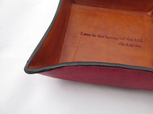 3rd Anniversary Gift. St. Augustine Quote Inscribed Leather Desk Tray.