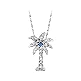 14K White Gold 1/5 ct. Diamond and Blue Center Diamond Palm Tree Pendant with Chain