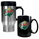 NHL Minnesota Wild Stainless Steel Travel Mug and Black Ceramic Mug Set (Primary Logo)
