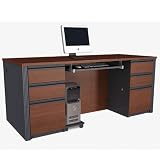 Bestar Prestige + Double Pedestal Wood Computer Desk in Bordeaux