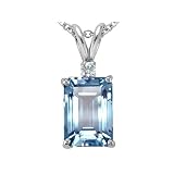 1.52 cttw 14k White Gold AAA Emerald Cut Created Aquamarine and Genuine Diamond Pendant in 14k...