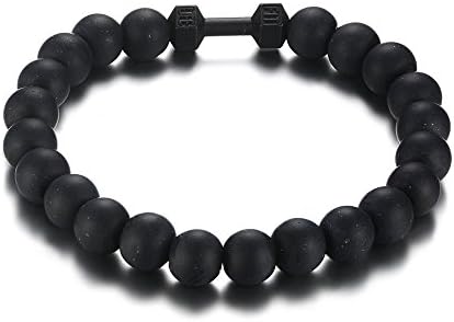 Quubb Black Matte Energy Power Dumbbell Beaded Wristband Bracelet Fits All Mens Women