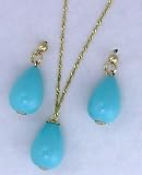 Jewelry Set Turquoise Tear Drops Mother of Pearl Based on 14k Button with Post Earrings the Same as Pendant Chain Included