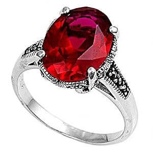 Sterling Silver Marcasite Rings with Ruby CZ - Sizes: 5-9