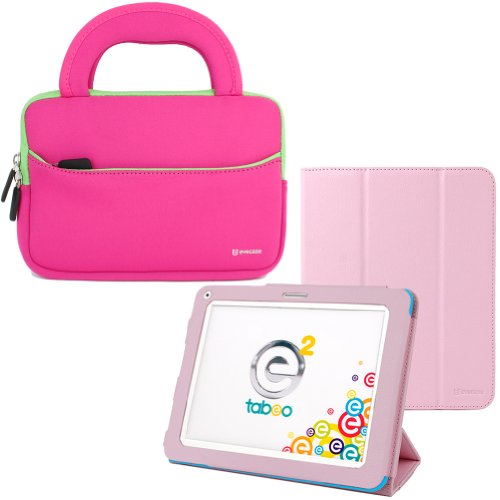 Evecase Pink Ultra-Thin Multi-Angle Stand Slim Smart Leather Case W/ Handle Bag for Tabeo e2 8 inch Kids Tablet