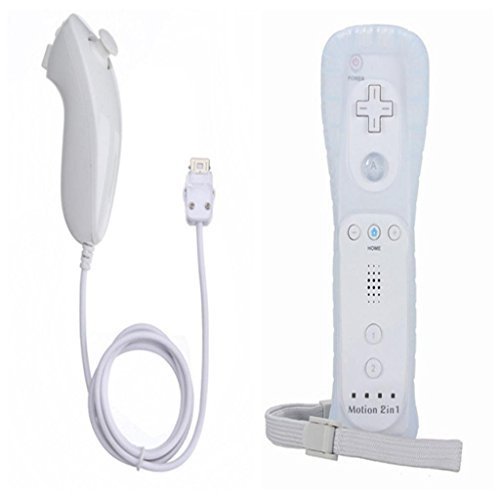 COCOANUT White WII Remote(Built-in Motionplus)+Nunchuck Controller Replacement for Nintendo Wii+Silicone Skin+Wrist Strap