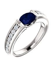 14K White Gold 7.00x5.00mm Oval Cut Chatham Created Sapphire and Diamond Ring -- LIFETIME WARRANTY